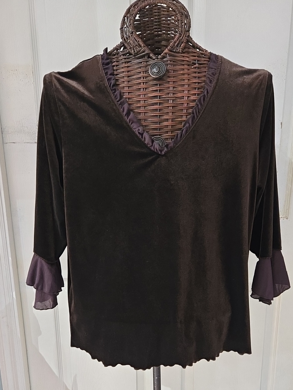 Impressions Chocolate Brown Velvet V-Neck Top with Chiffon Trim